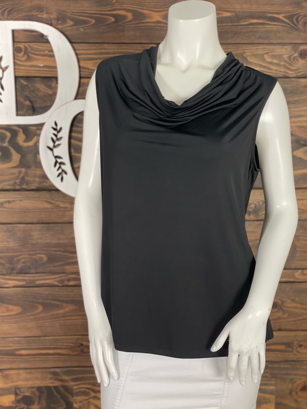 Anne Klein Womens Sleek Sleeveless Draped Cowl Neck Top Black Metallic Logo M
